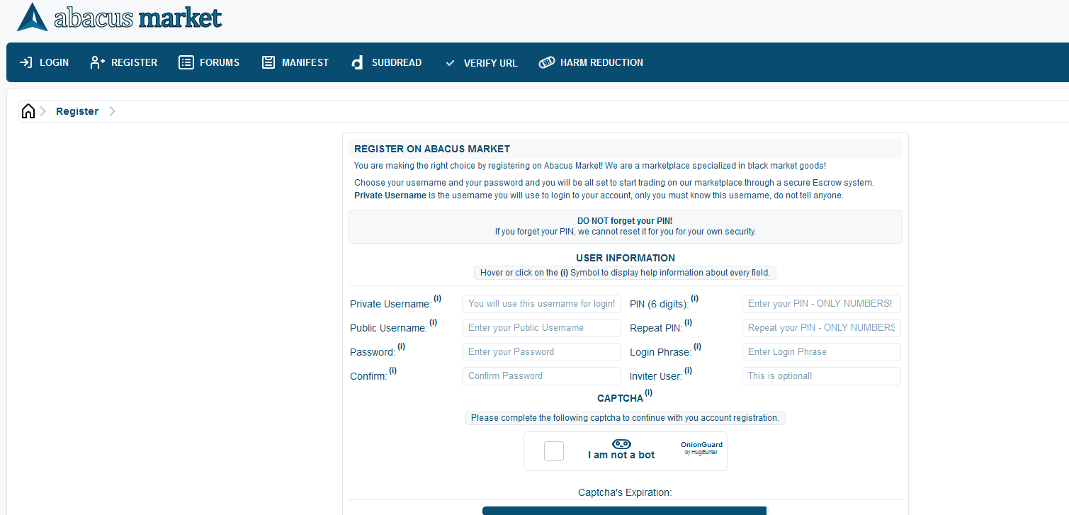 Screenshot of the main blocks of the Abacus Market interface